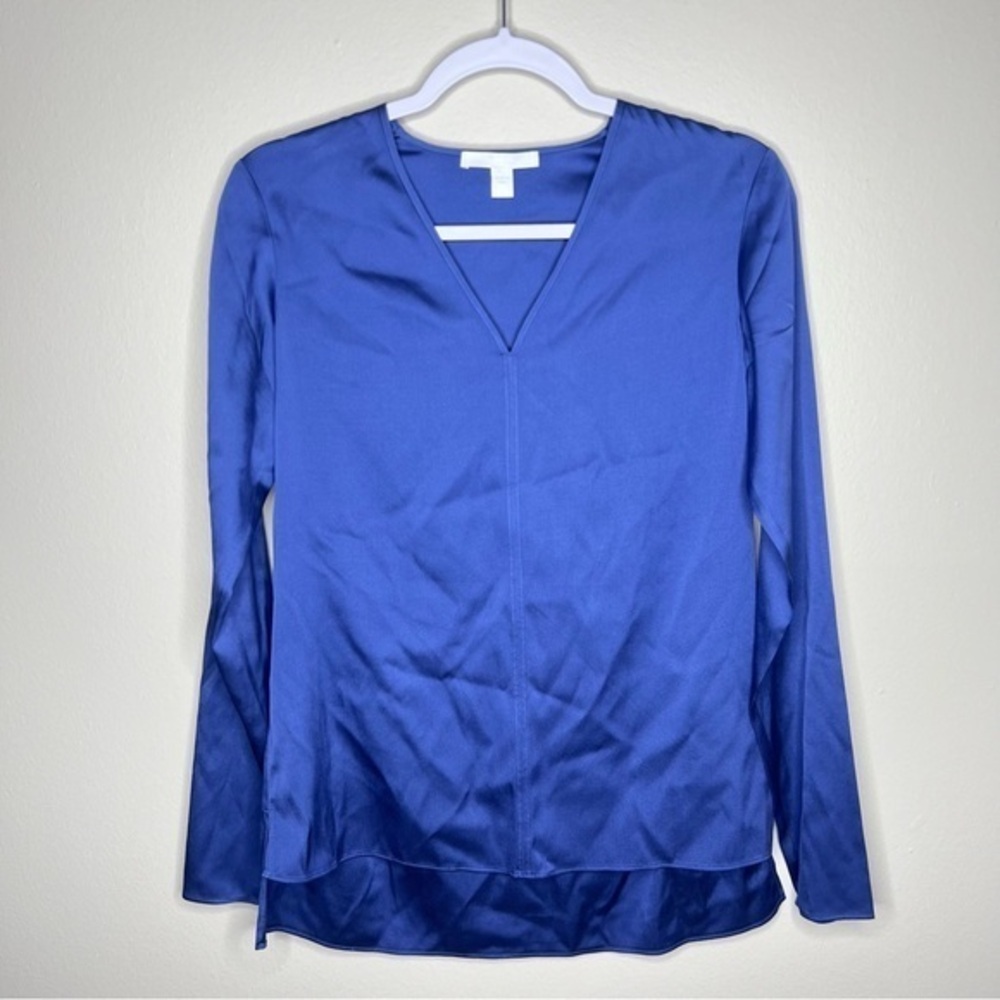 BOSS Hugo Boss Blue Stretch Silk Long Sleeve V-Neck‎ Blouse
